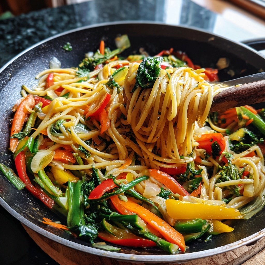 Mittagessen mit Gemüse und Nudeln